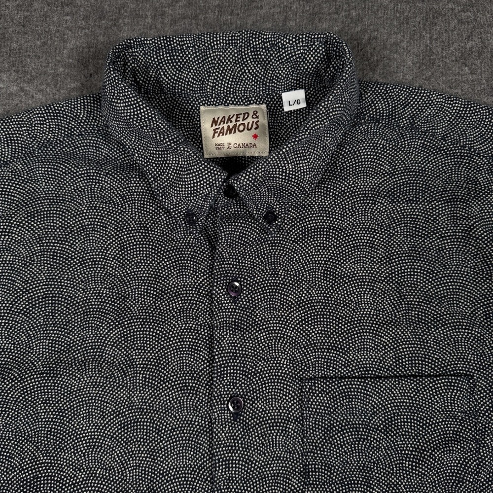 Naked & Famous Shirt Mens Large Black White Dots Woven Japanese Cotton Button Up - Picture 3 of 12